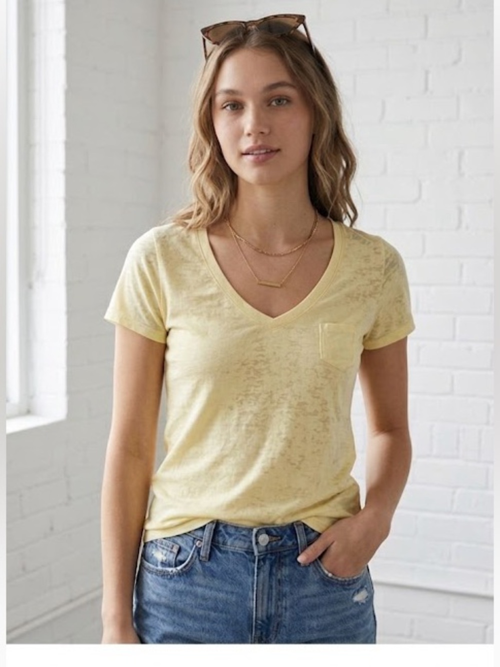 GARAGE Yellow Burnout Slub V-Neck Pocket Tee Small